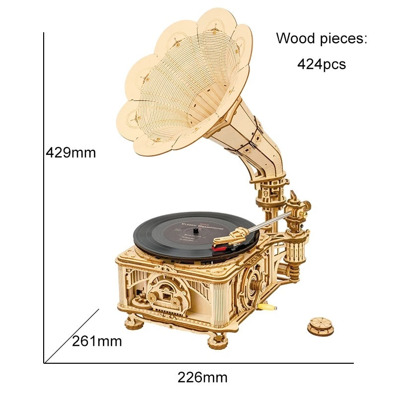 ROKR Vintage Hand-Crank Wooden Gramophone DIY Kit.