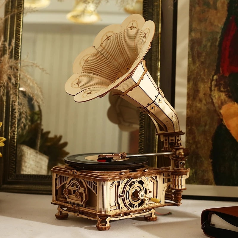 ROKR Vintage Hand-Crank Wooden Gramophone DIY Kit.