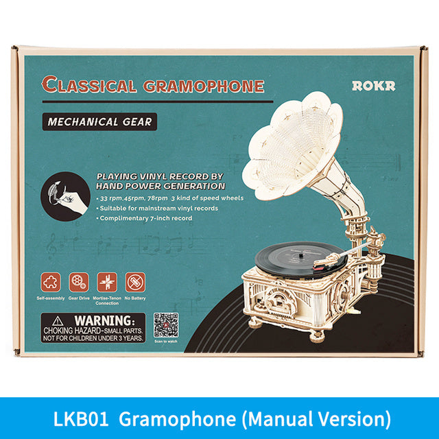 ROKR Vintage Hand-Crank Wooden Gramophone DIY Kit.