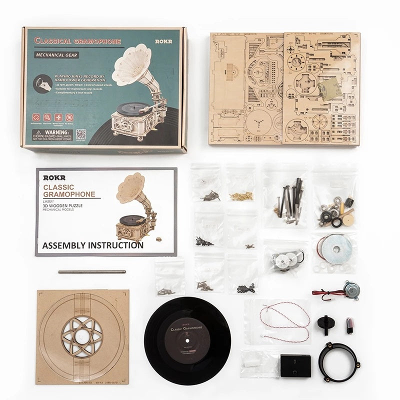 ROKR Vintage Hand-Crank Wooden Gramophone DIY Kit.