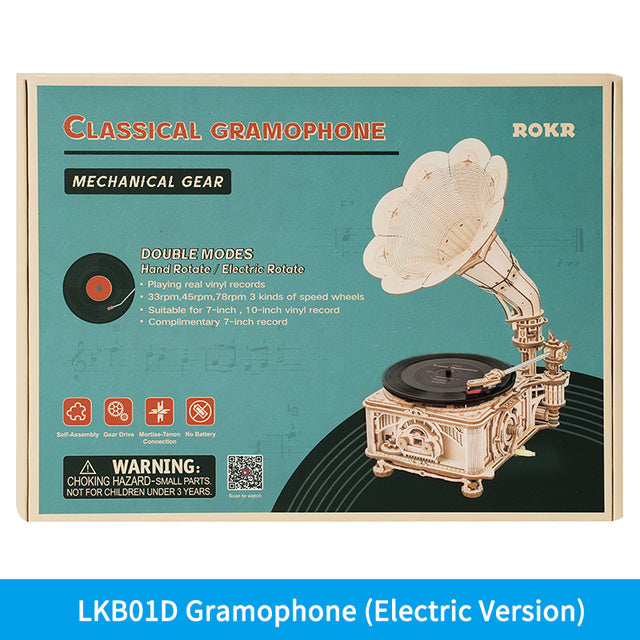 ROKR Vintage Hand-Crank Wooden Gramophone DIY Kit.