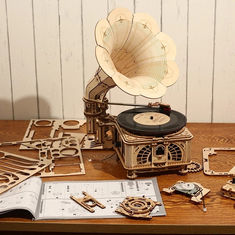 ROKR Vintage Hand-Crank Wooden Gramophone DIY Kit.